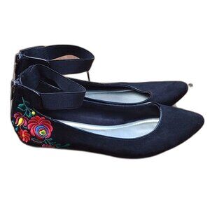 Anne Klein Black Otherwaye Flat Shoe with Colorful Floral Embroidery Size 8.5